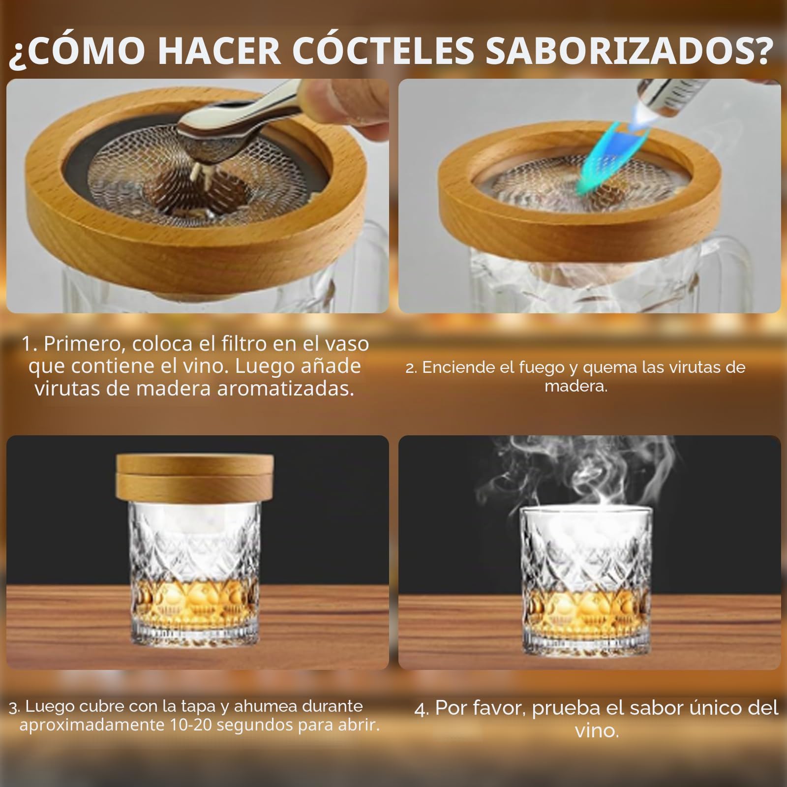 Kit de Ahumador de Cóctel con Antorch, Kit para fumadores de Cócteles con 4 Sabores de Virutas de Madera, Accesorio para Ahumador Kit Coctelería para Regalo para el Jardín de Papá