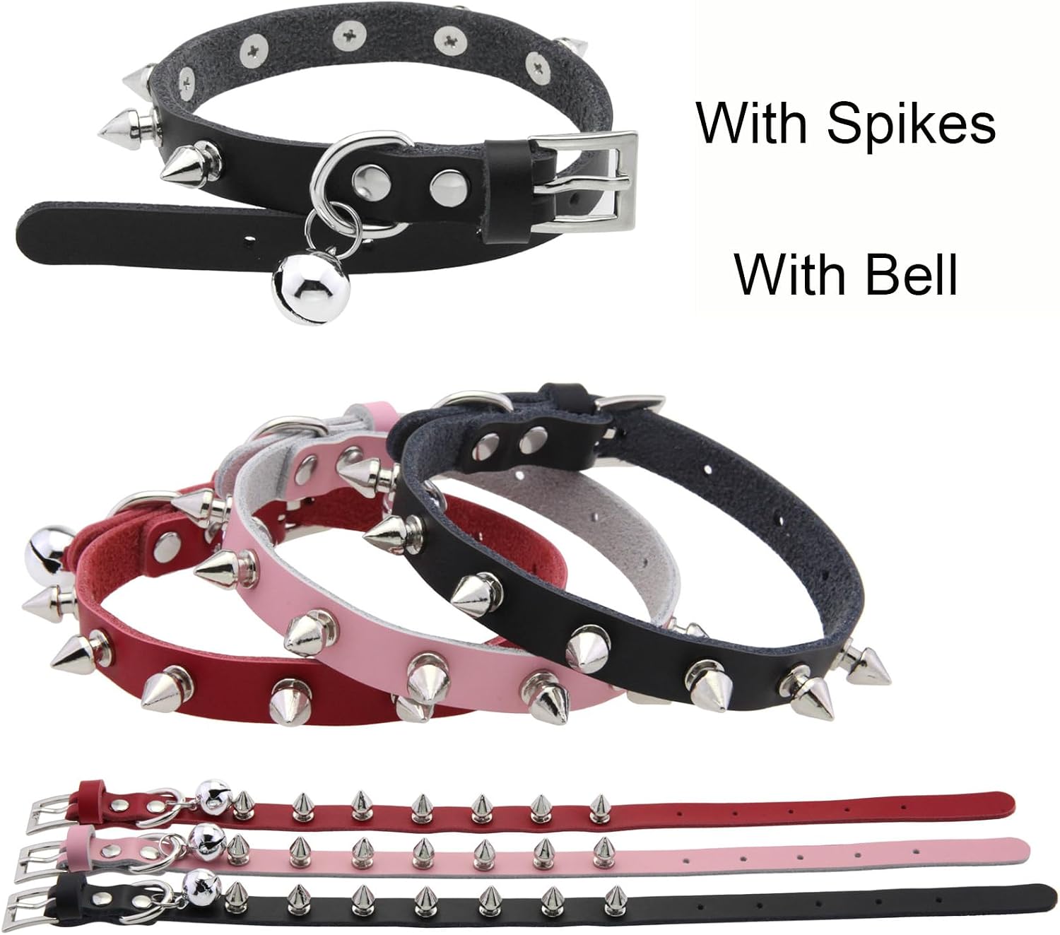 Spiked Cat Collar with Bell Studded Spike Kitten Collars with Bell, Pink XS image 5