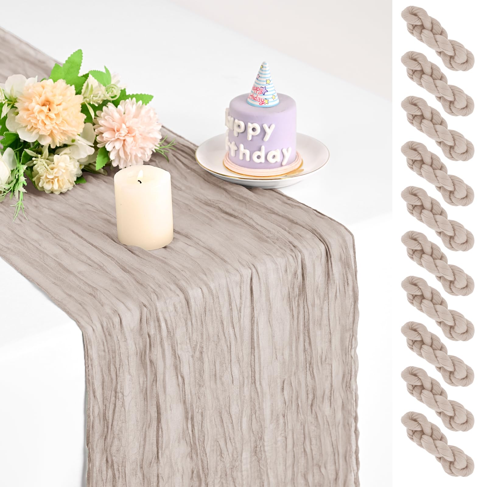 Teruntrue 10 Pack Taupe Cheesecloth Table Runner 17x108 Inch, Boho Gauze Sheer Fabric Cheese Cloth Table Runners for Wedding Party Bridal Shower Birthday Home Decor Garden Farmhouse
