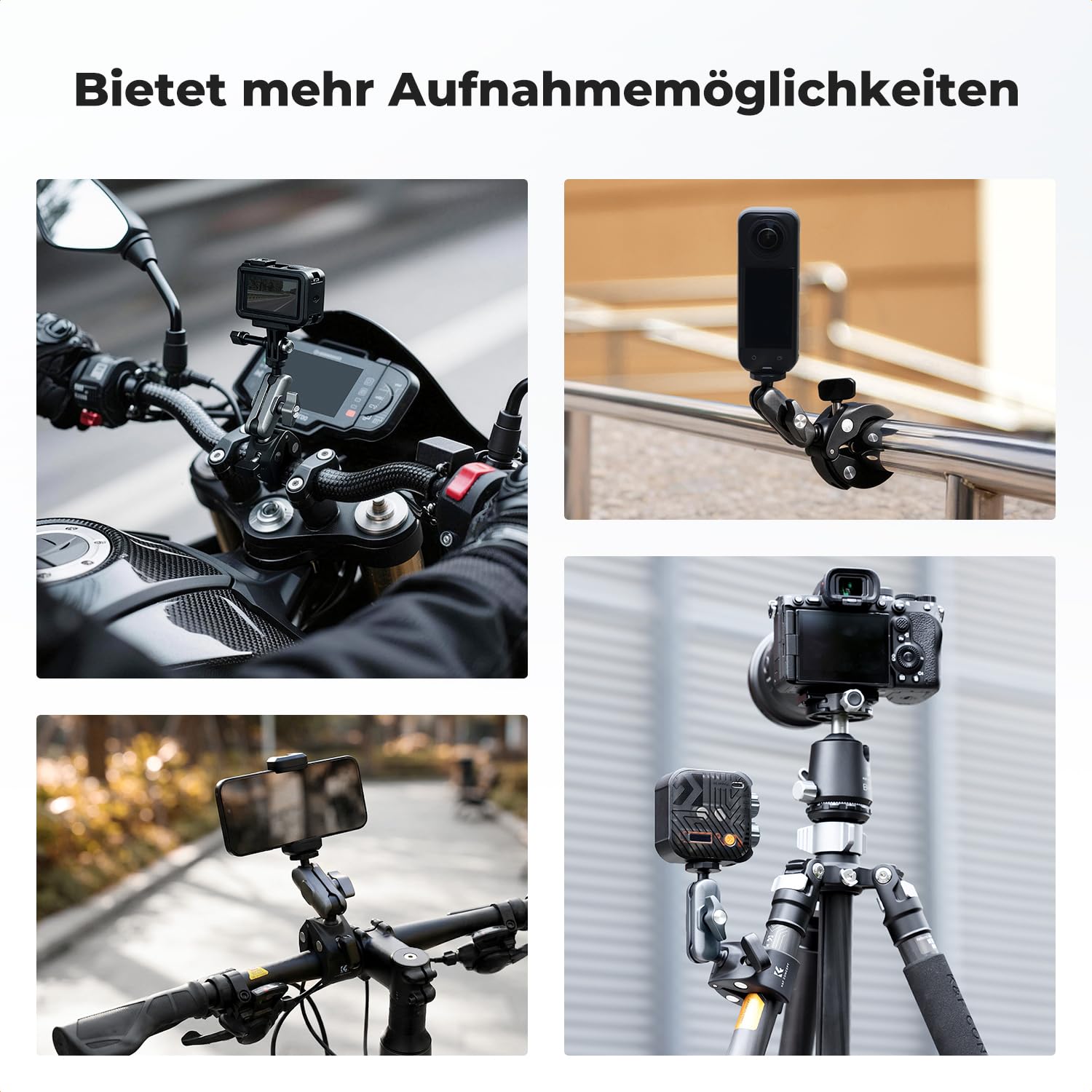 K&F CONCEPT Motorrad-Fahrradhalterung für DJI Osmo Action/Gopro Hero/Insta 360/Handy, 360° verstellbar Magic Arm mit Action Camera Adapter und 1/4 ′′ Adapter
