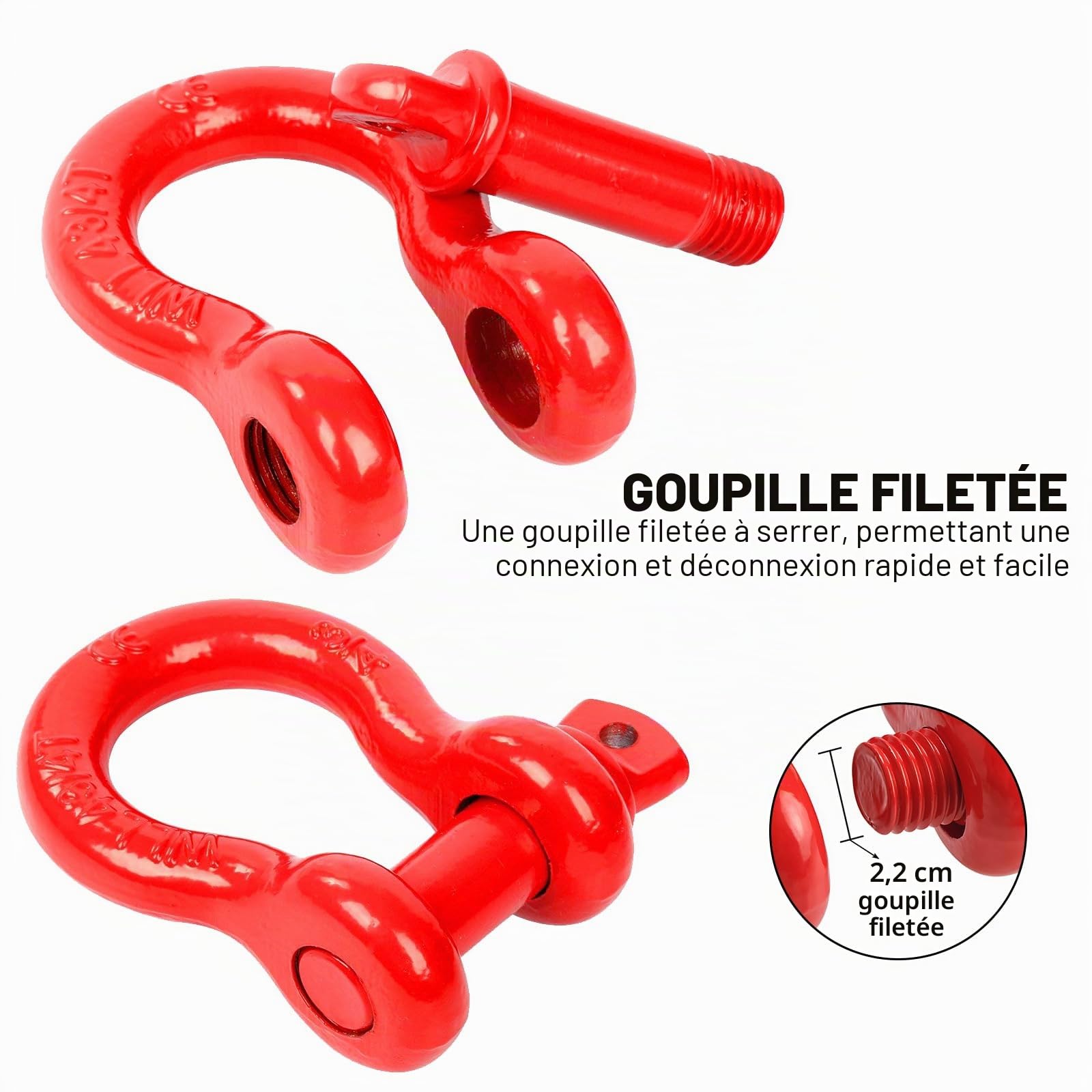 FreeTec Manille 4x4, 4,75 Tonnes Manille de Levage, 3/4" Manilles de Remorquage 4x4, Manilles Acier Galvanisé de Traction de Remorque pour Jeep Voiture Camion (Rouge)