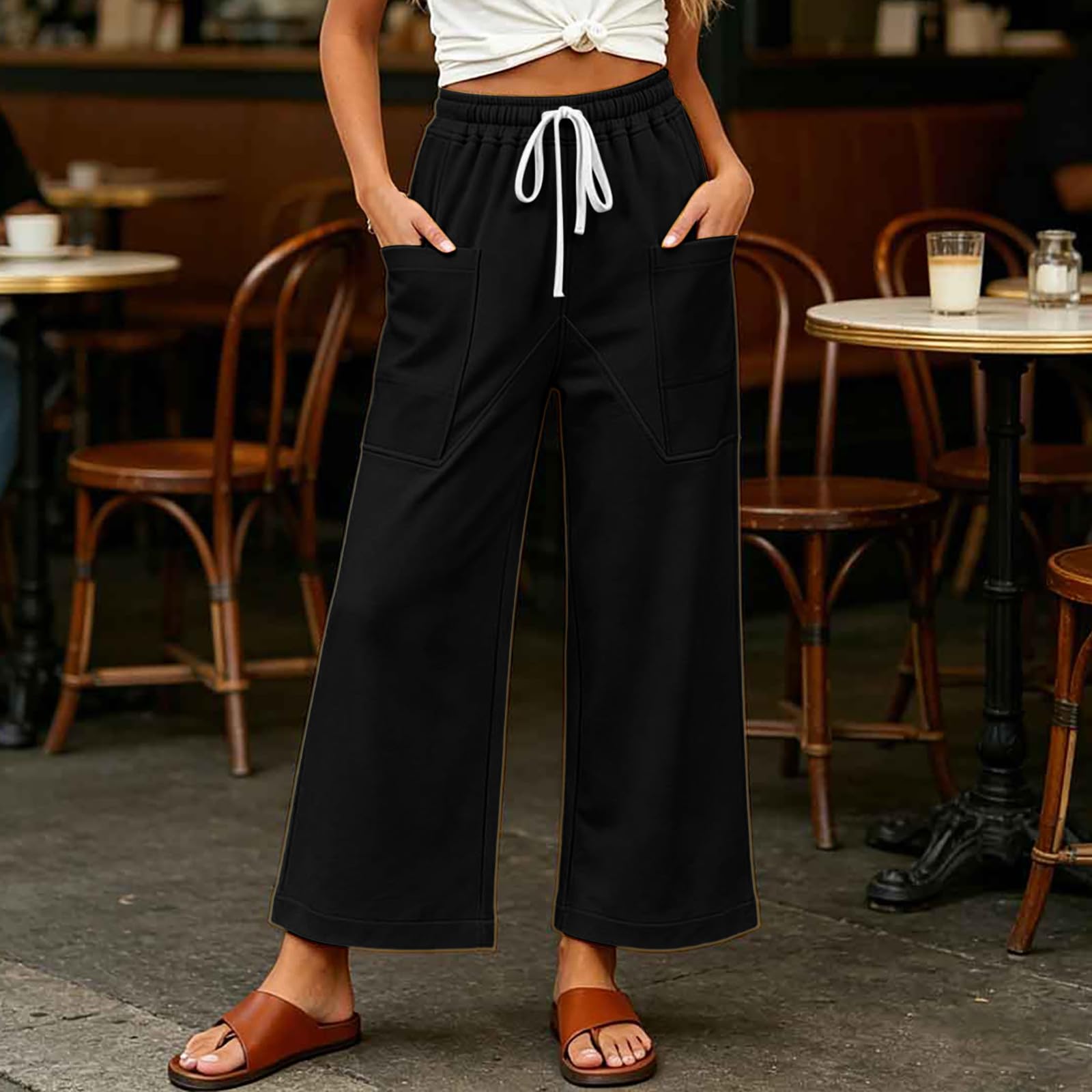Pantalon Jogging Large Femme Automne Mi Saison Poches Taille Haute Sport