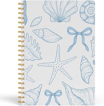 Blue Preppy Beach Seashell Notebook Journal, Coquette Blue Bow Coastal Beachy Aesthetic Journal Gifts for Women Girls, Preppy Girly Ocean Notebook, 5.5x8.3 Inches 815