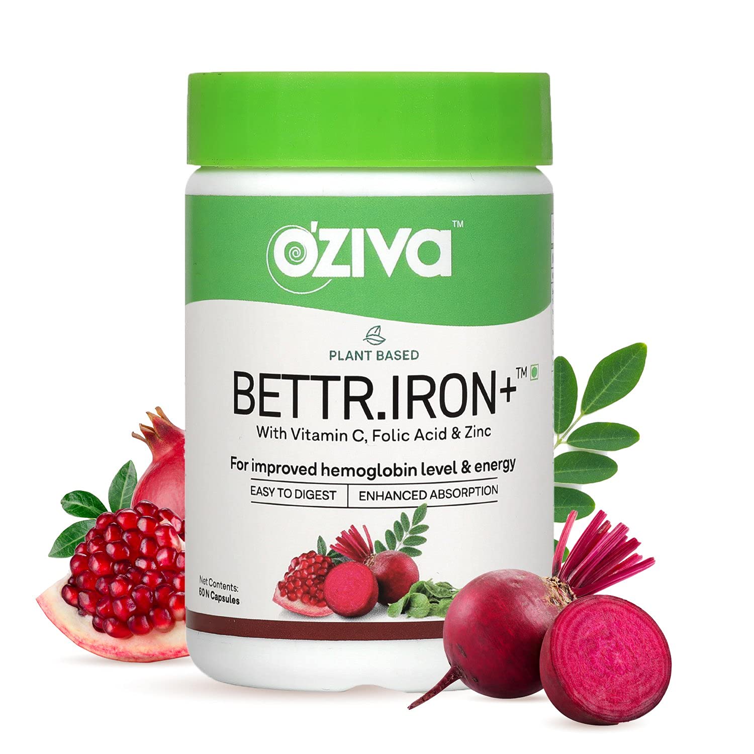 OZiva Bettr.Iron+ (Plant Based Iron, Vitamin C, Folic Acid, Zinc & Moringa) for Improved Hemoglobin, Oxygen Binding & Immunity, Iron Supplements, Certified Vegan, 60 capsules