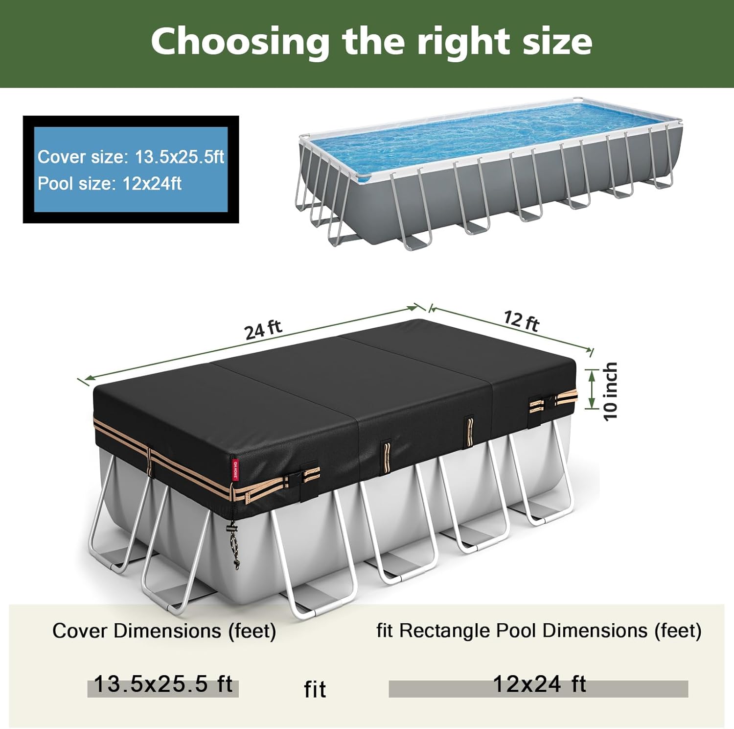 QH.HOME 12x24FT Rectangular Pool Cover for Bestway/Intex/Coleman Frame Rectangular Pool, [Excellent Windproof ] with Adjustable Buckle Straps & Drawstring Hem. [Durable, Tear Resistant]