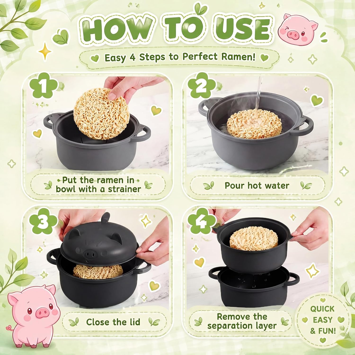 2 Sets 45oz Cute Pig Ramen Bowl Set Microwavable Cook, Black, Gray image 5