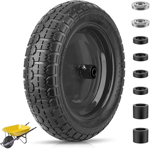 TICONN 4.80/4.00-8 Tire, 14.5" Flat Free Wheelbarrow Tire and Wheel | Fits 4.80/4.00-8, 3.50/3.00-8, 3.25-8, 4.00-6 Sizes, 3" Centered Hub, 5/8" & 3/4" Bearings, 330 lb Load Capacity