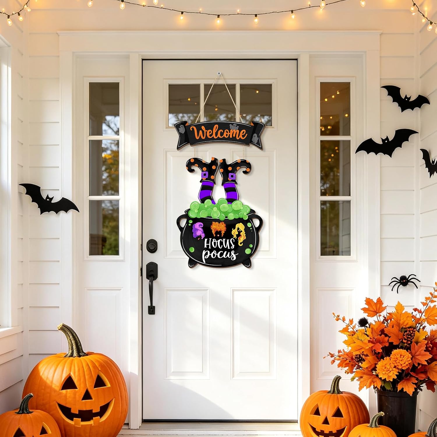 Halloween Witches Door Sign, Hocus Pocus Wreath Wooden Hanging Decor, Witch Legs Cauldron Front Door Hanger, Happy Halloween Welcome Plaque for Porch Home Farmhouse Wall Decor Holiday Party Supplies