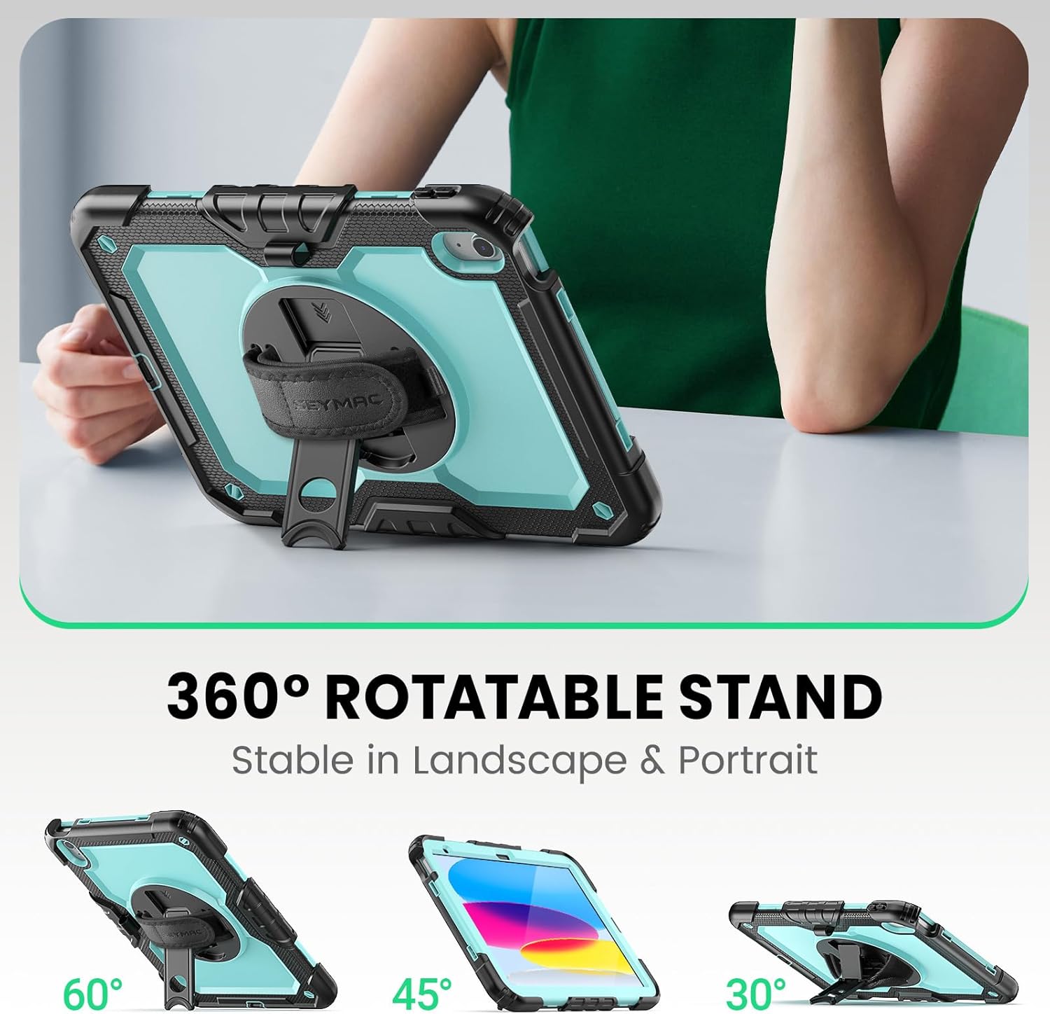 SEYMAC Case for iPad (A16) 11th/10th Generation 2025/2022 (11″/10.9″), Sturdy Heavy Duty Full-Body Shockproof Protective Case with Screen Protector, Rotating Stand, Hand/Shoulder Strap, Light Blue