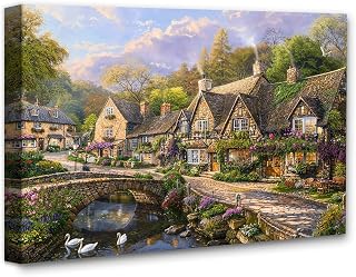 English Country Town Path Cottage Style Painting-18x24 Canvas Poster-Summer Vibes Cobblestone Village by the River Scene, Cottagecore Rural Life, Countryside Landscape Art with Old Houses Architecture