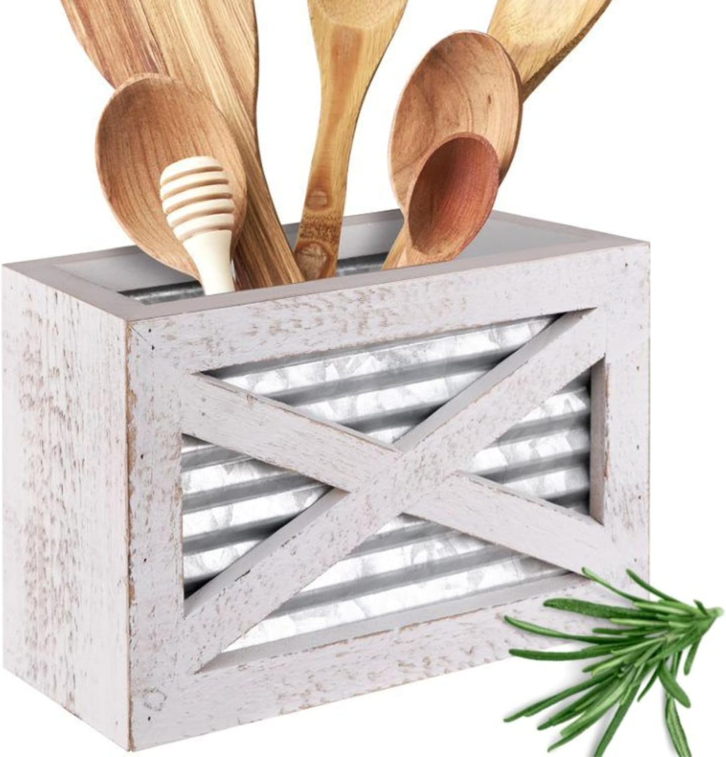 Autumn Alley Barn Door Rustic Kitchen Utensil Holder- Farmhouse Wooden White Kitchen Utensil Holder- Galvanized Accents- Rustic Kitchen Decor- Farmhouse Details Add Charm to your Country Kitchen