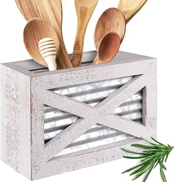 Autumn Alley Barn Door Rustic Kitchen Utensil Holder- Farmhouse Wooden White Kitchen Utensil Holder- Galvanized Accents- Rustic Kitchen Decor- Farmhouse Details Add Charm to your Country Kitchen