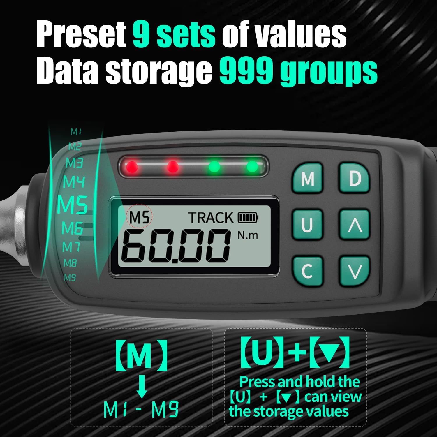 Llave dinamométrica digital, 3/8 pulgadas - 2.21-44.22 pies / 3-60 Nm - ± 2% de precisión - Valores preestablecidos 999 juegos - 72 dientes - Cabeza fija - Grado ajustable - Juego de herramientas