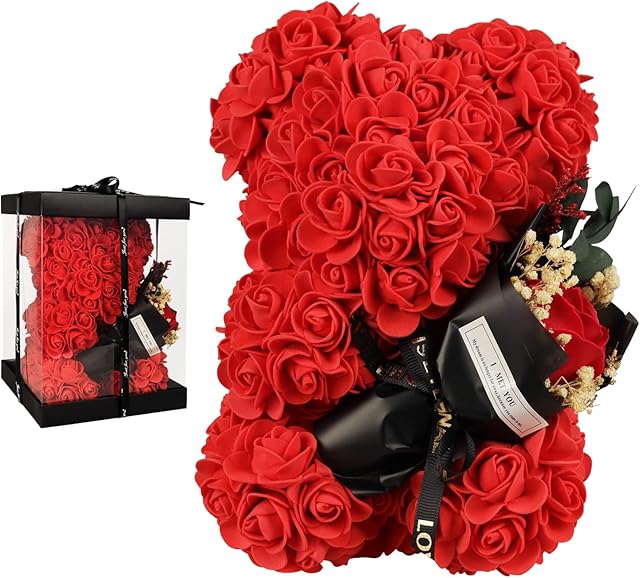 POHOMEGK Rose Bear Gifts,Flower Rose Bear for Her,Gifts for Women,Gifts for Mom,Valentine's day Gifts,Mother's Day,Handmade Flower Bear as a Birthday,Wedding Home Party Event GiftsRed