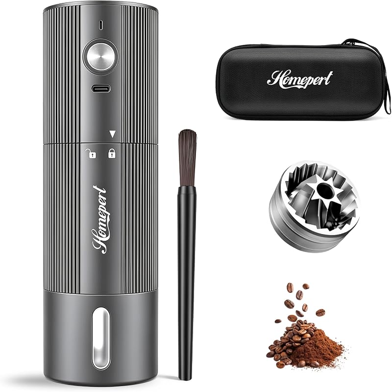 Upgraded Faster Electric Coffee Grinder, Stainless Steel Burrs, Gray | Cordless Coffee Mill, 1600mAh Rechargeable Battery, 40 Setting for Pour-Over to Espresso, Portable for Camping, Travel