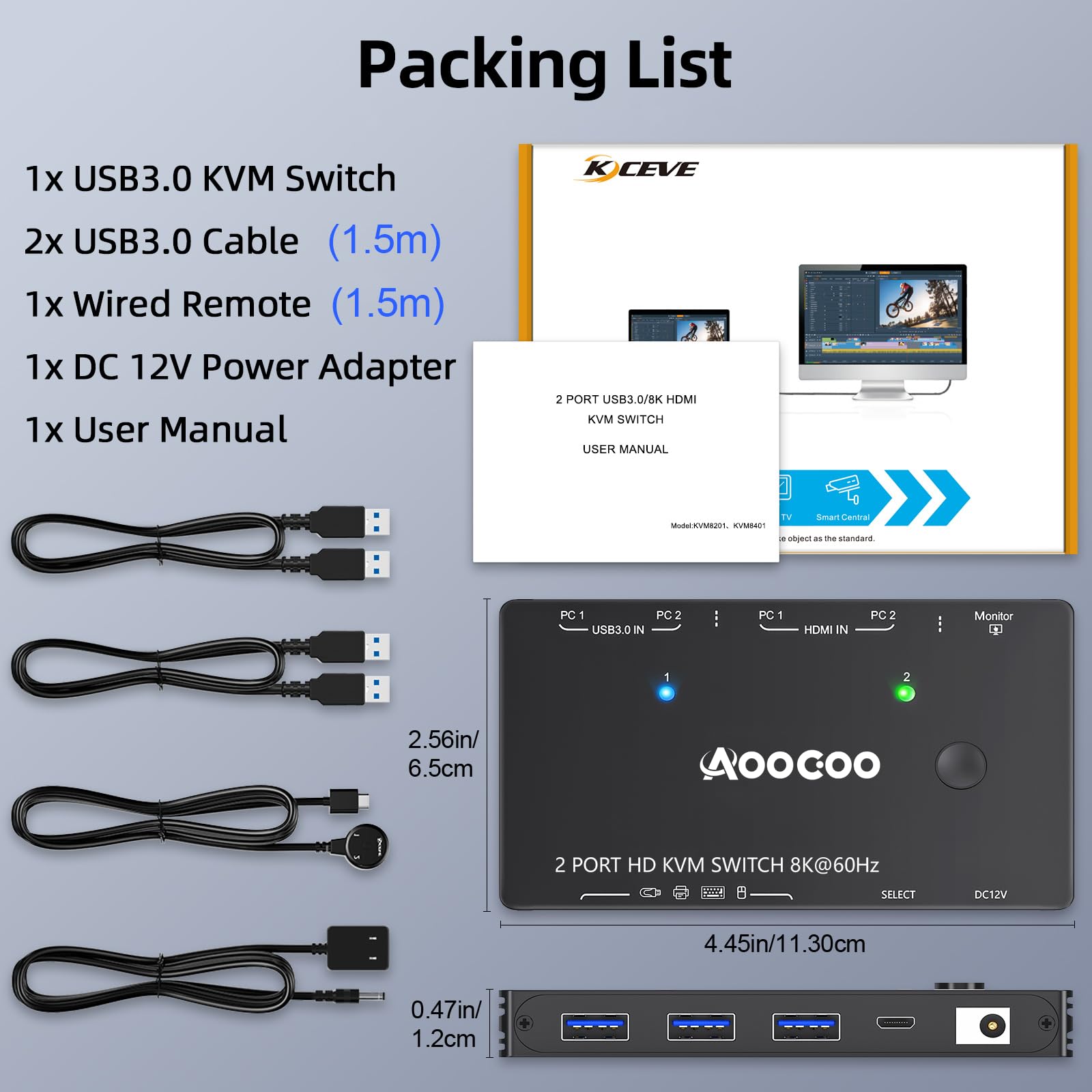 Commutateur KVM 2 ordinateurs 1 moniteur 8K à 60 Hz/4K à 120 Hz Commutateurs KVM HDMI Télécommande filaire, alimentation et câble USB 3.0 inclus