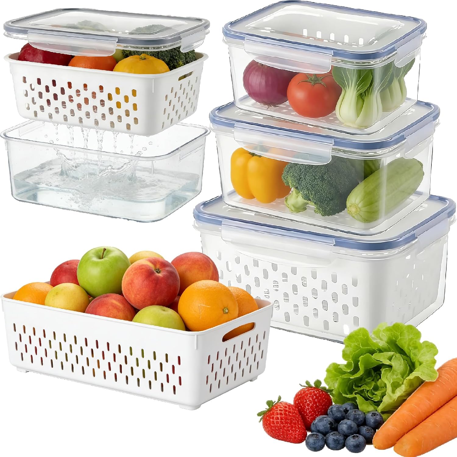 4 In 1 Food Storage Container,Produce Containers for Fridge Organization,Fruit Storage with Drain & Colander, Stackable Fridge Containers for Vegetables & Salad (5pcs-(13oz+28oz+60oz+111oz+146oz)