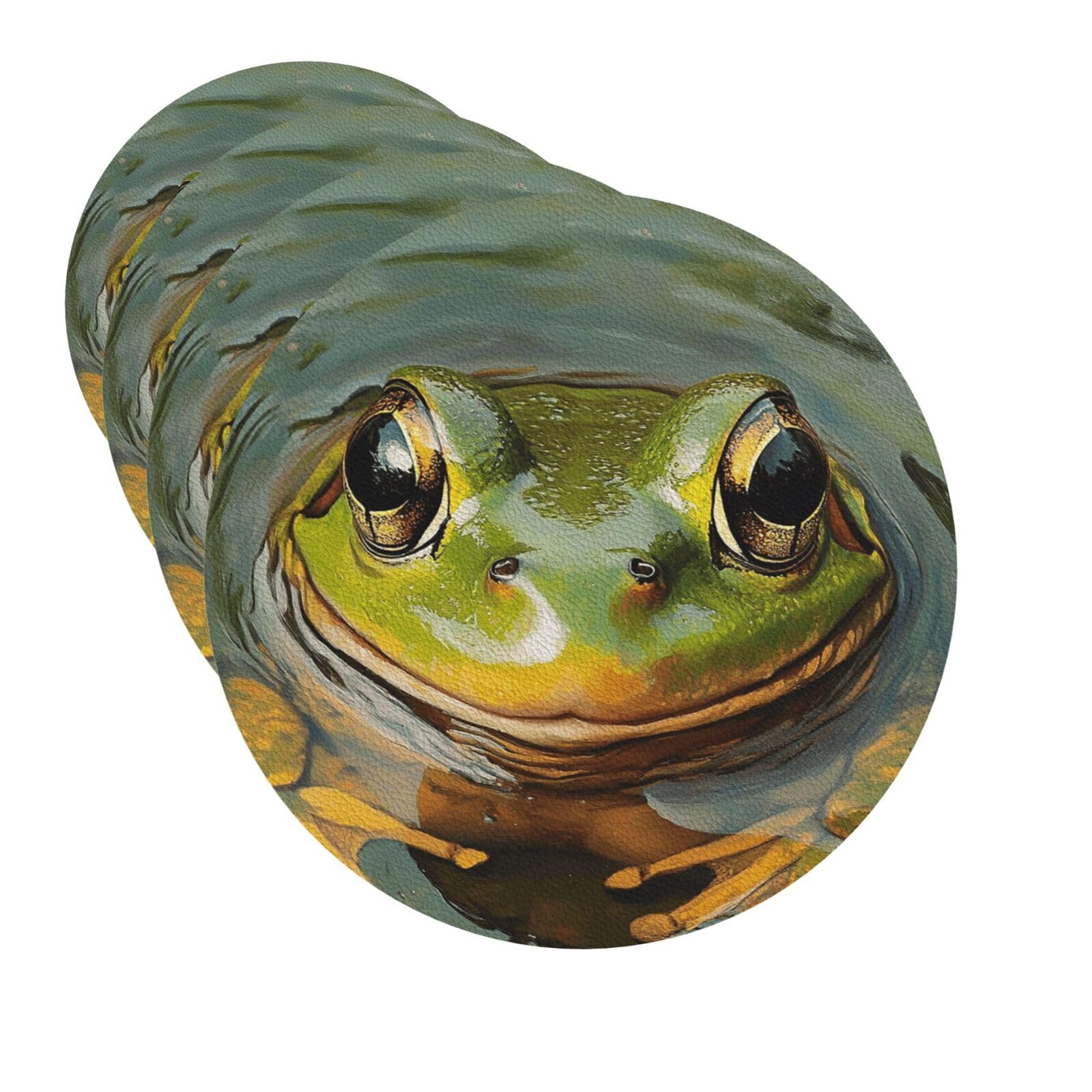 Drink Coasters Set of 4 Quick-Dry Leather Coaster Frog in a pond Coasters for Drinks Coffee Cup Mat Tabletop Protection Heat Resistant Coaster for Kitchen Bar Office Home Decor