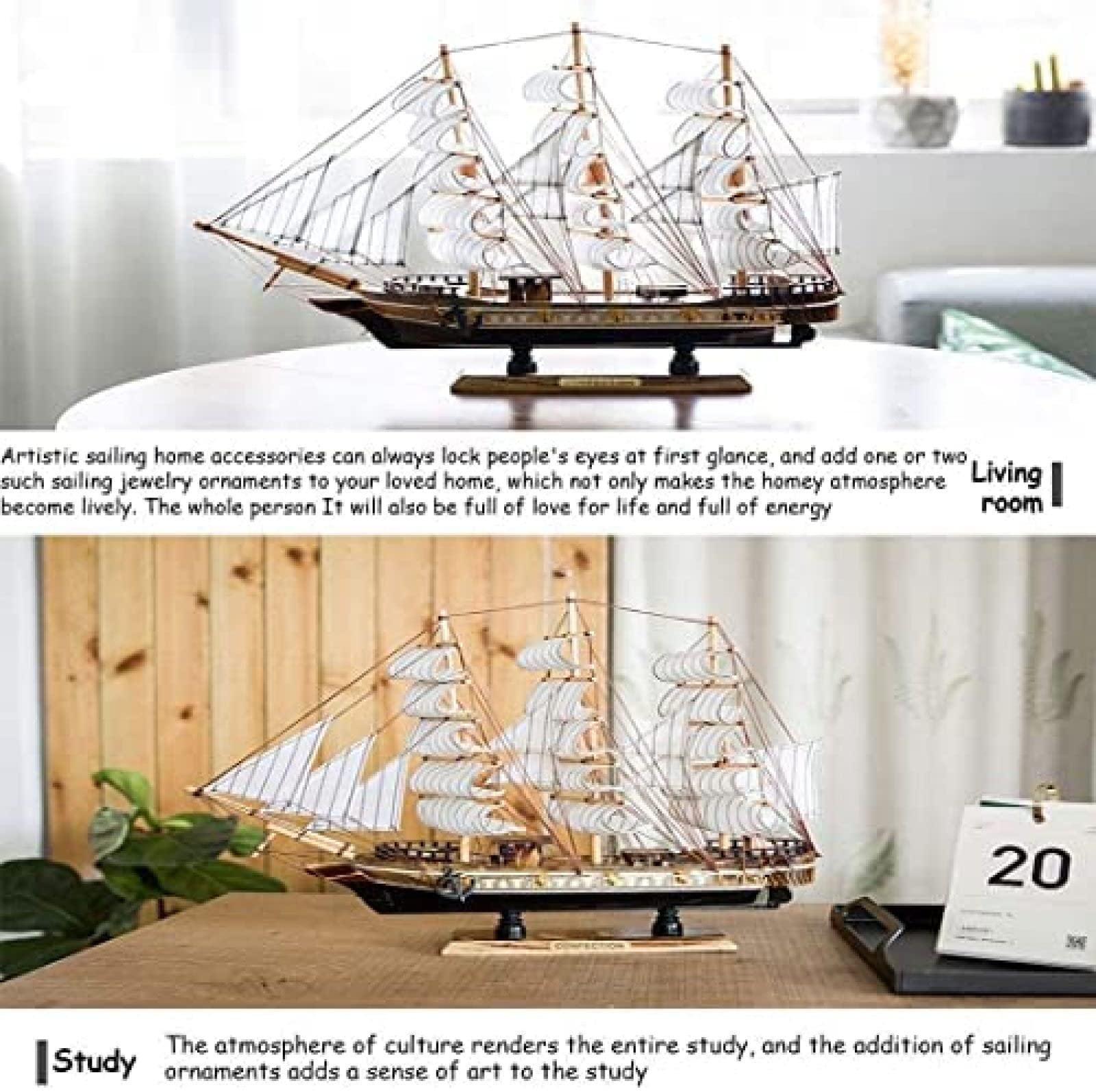 Modèle De Bateau en Bois Modèle De Voilier en Bois Fait À La Main Décorations De Maison De Style Méditerranéen pour Un Cadeau De Fête d'anniversaire Parfait, 38 * 43cm,Pleasant63