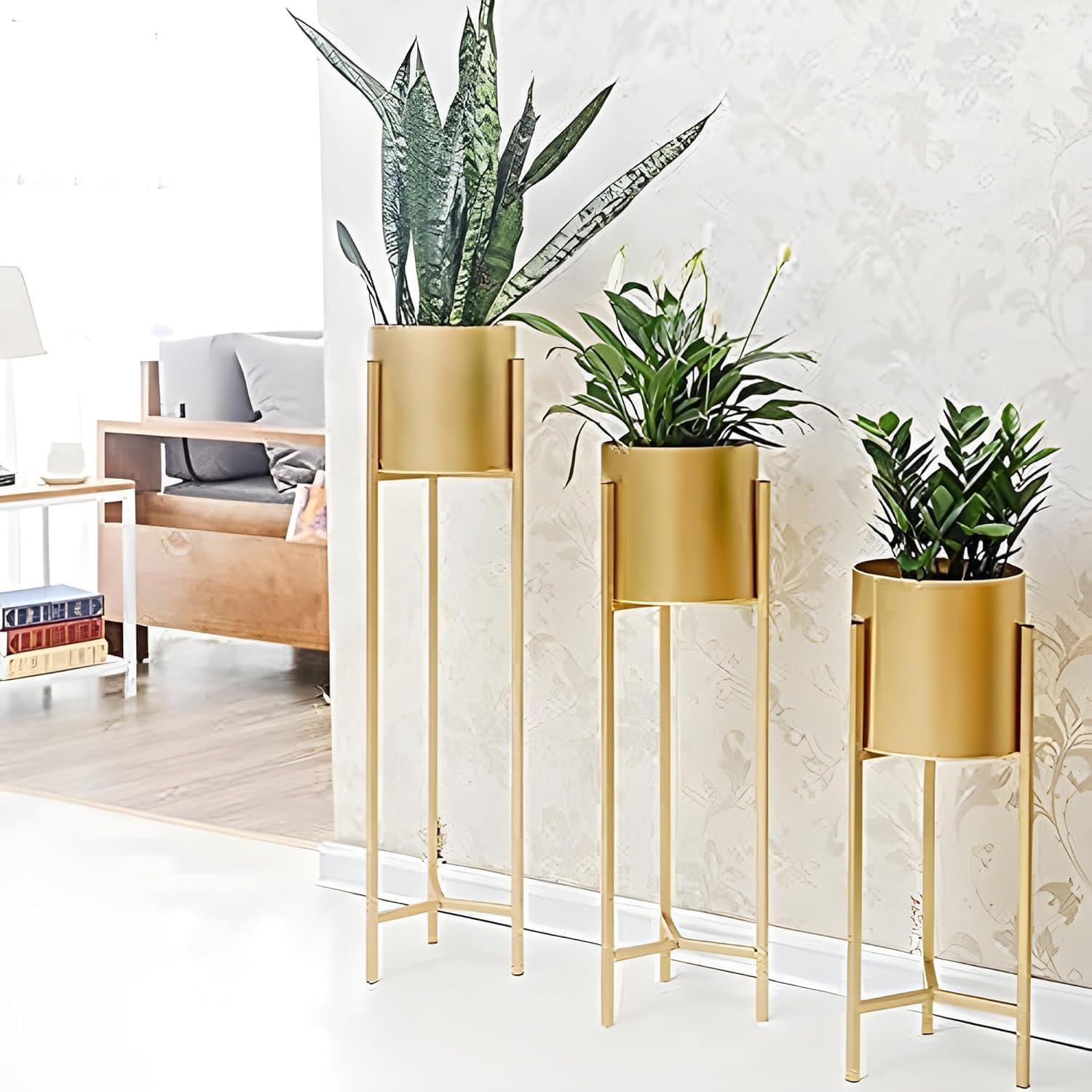 ⟪⟬🪴⟭⟫ M.R.S Handicraft's@ Metal Floor Tall Indoor Plant Stand Flower Stands for Living Room Bedroom Display Plant Stand with Planter Pot -(Set of 3) 3
