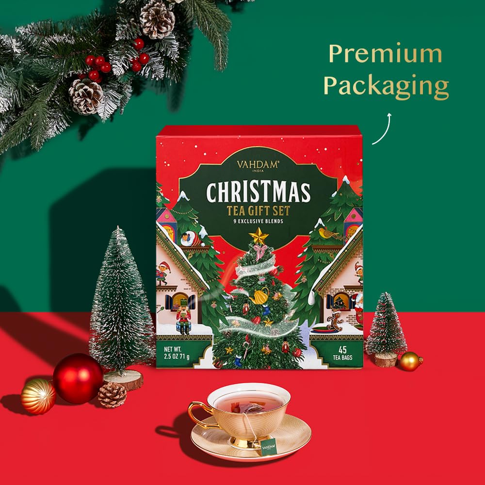 VAHDAM Coffret Thé De Noël 2025 | 9 Uniques Saveurs, 45 Sachets – Coffret De Fête Exclusif | Cadeaux De Pour Femmes Et Hommes | Cadeaux De Thé De Noël 2025