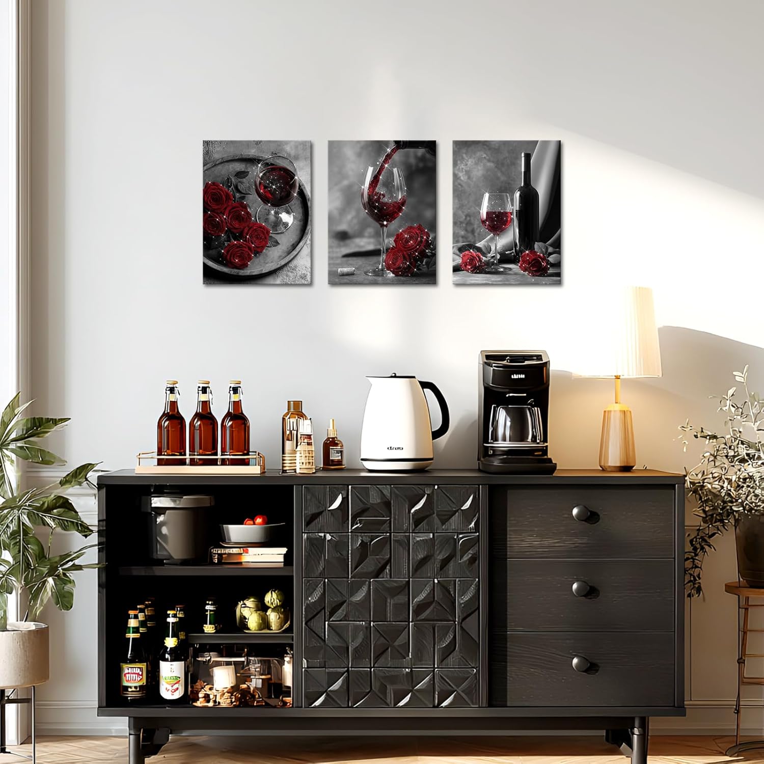 Visual Art Decor Kitchen Wall Art Rose Flower Wine Glass Painting Picture Poster for Dining Room Wall Decoration, Framed 12x16inchx3Pieces (Red)