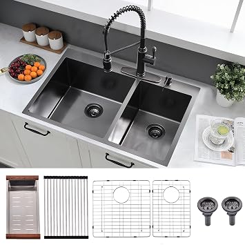 33x22 Drop In Double Bowl Sink | 16 Gauge Stainless Steel, 60/40 Split Double Bowl, Gunmetal Black, Top Mount, Heavy-Duty, Easy to Clean, for Home Kitchen