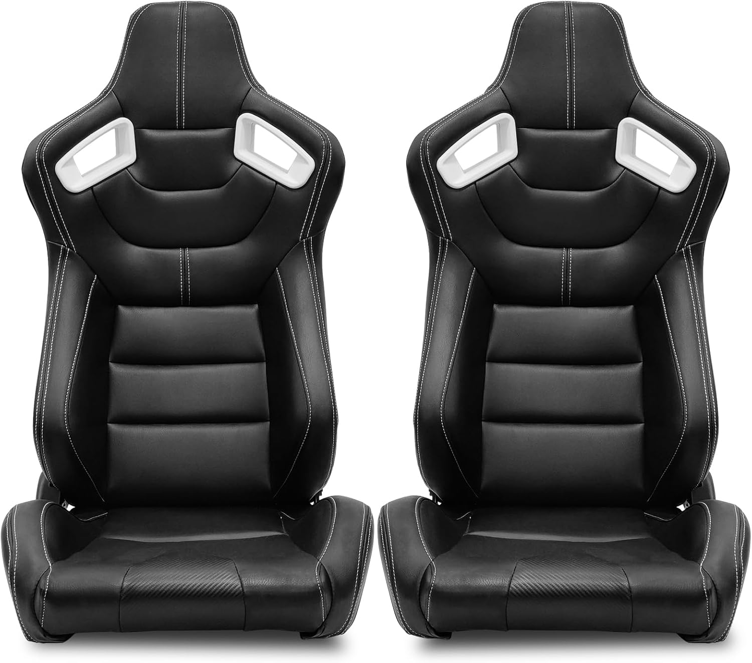 FREEMOTOR802 Racing Seats with Dual Lock Sliders, Universal For Most Cars Vehicles First Row, 1 Pair Reclinable Sport Bucket Seats, PU Carbon Fiber Look Leatherette, Black White Slots
