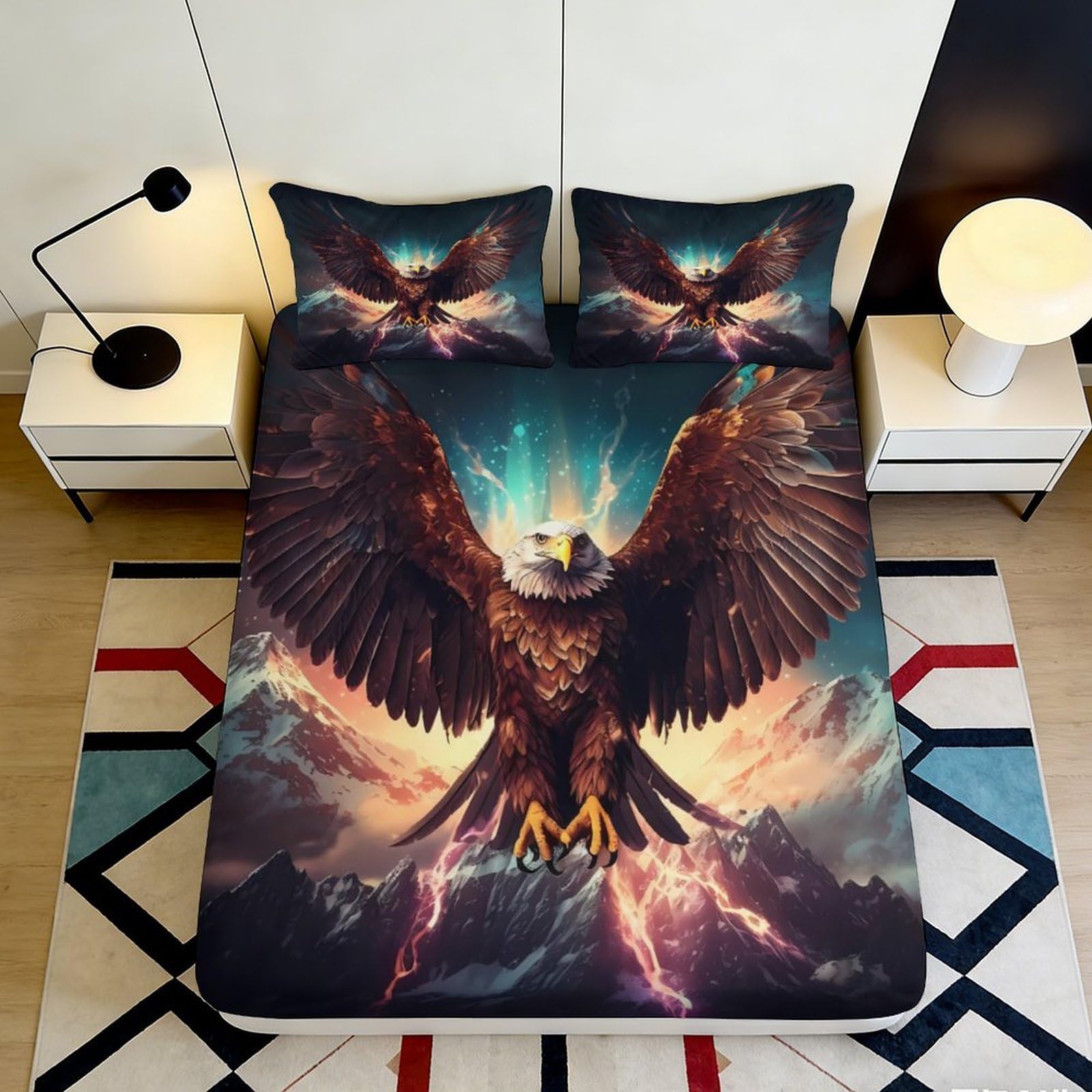 3D Printed Majestic Eagle Fitted Sheet Microfiber Soft Breathable Lightning Sky Mattress Cover for Bedroom Decor 90x200x25cm