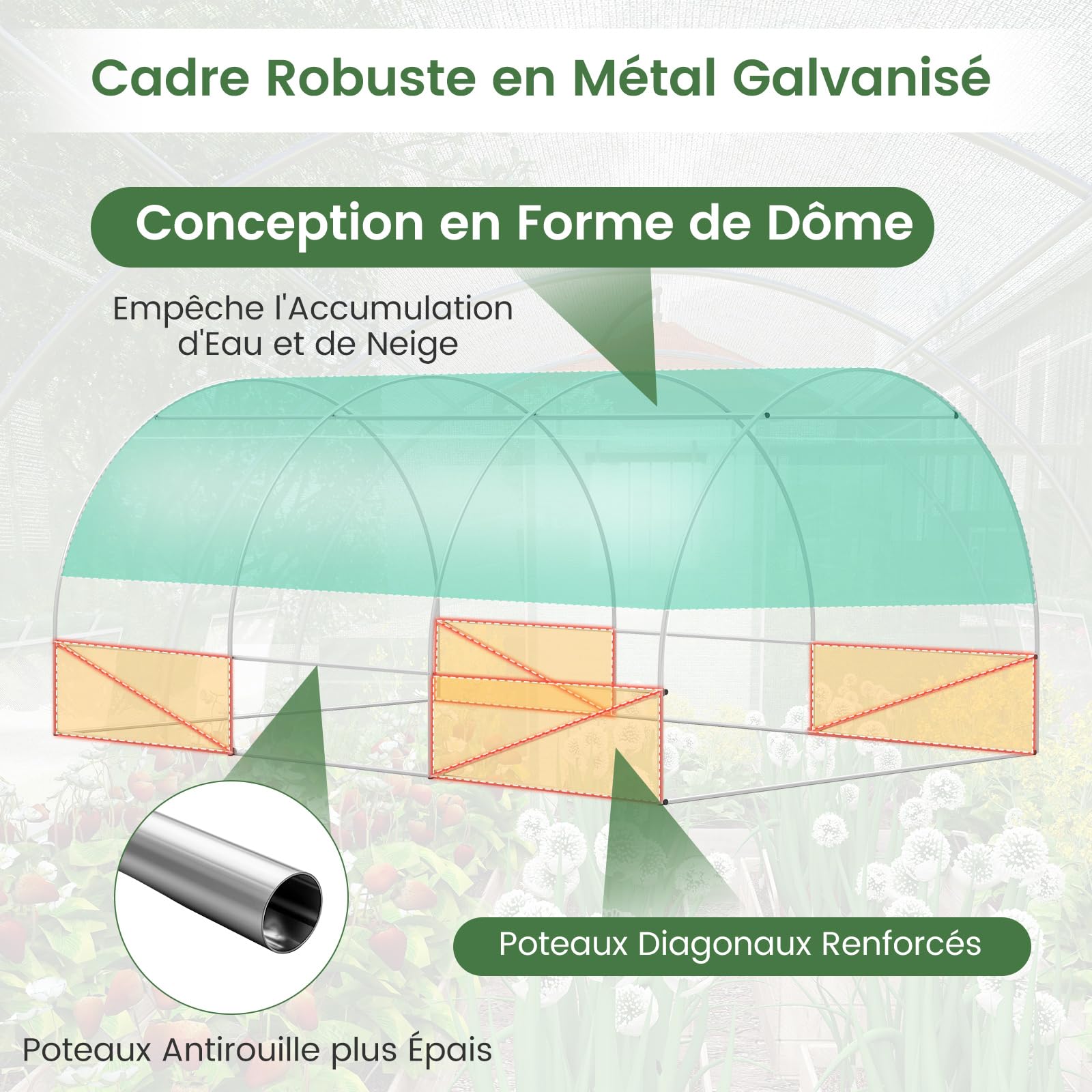 RELAX4LIFE Serre de Jardin 12m², Serre Tunnel de Jardin 4x3x2M avec Cadre en Acier Galvanisé, 2 Portes et 8 Fenêtres Enroulables, Housse PE pour Légumes, Fruits, Fleurs, Idéale pour Toutes Saisons