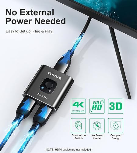 Miniatura 6 de Interruptor HDMI 4 K a 60 Hz, interruptor HDMI bidireccional de aluminio GANA 2 en 1 salida, concentrador HDMI manual compatible con HD compatible