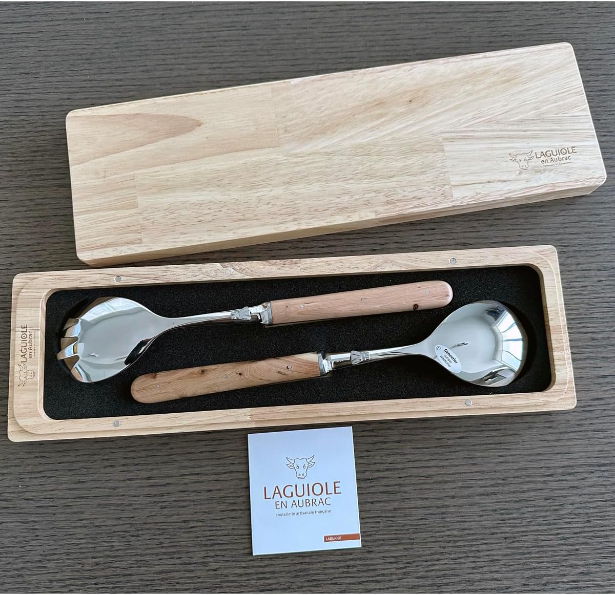 Laguiole en Aubrac Luxury 2-Piece Salad Server Set With 2-Spoons, Juniper Wood Handle, Brushed Stainless Steel Bolsters, Made In France