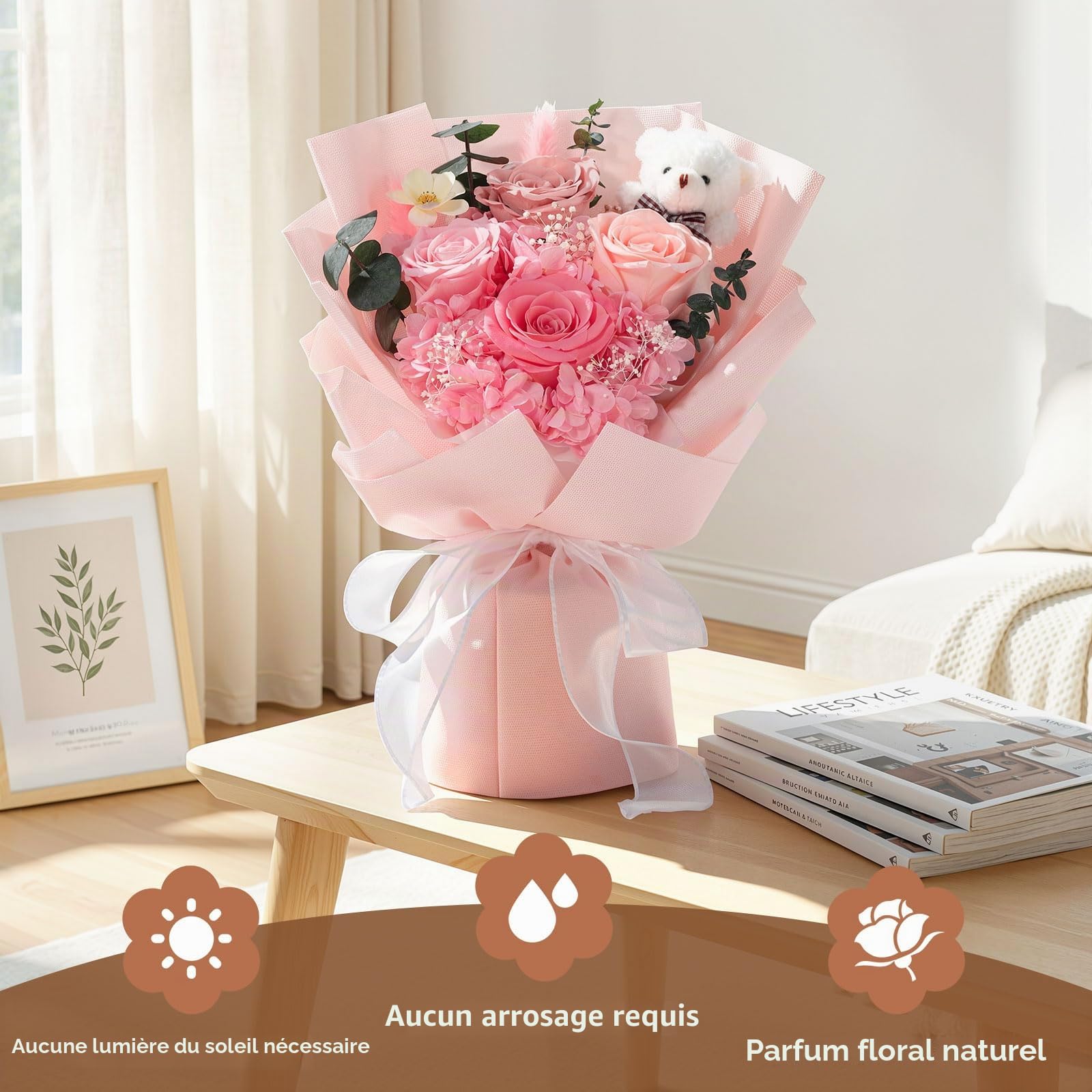 Emibele Fleurs Pour Livraison Prime Bouquets Fleurs Préservées Avec Ours | 4 Roses Roses Éternelles, Cadeaux pour Saint-Valentin, Fête Mères, Anniversaire, Diplôme – Pour Elle, Copine, Femme, Maman