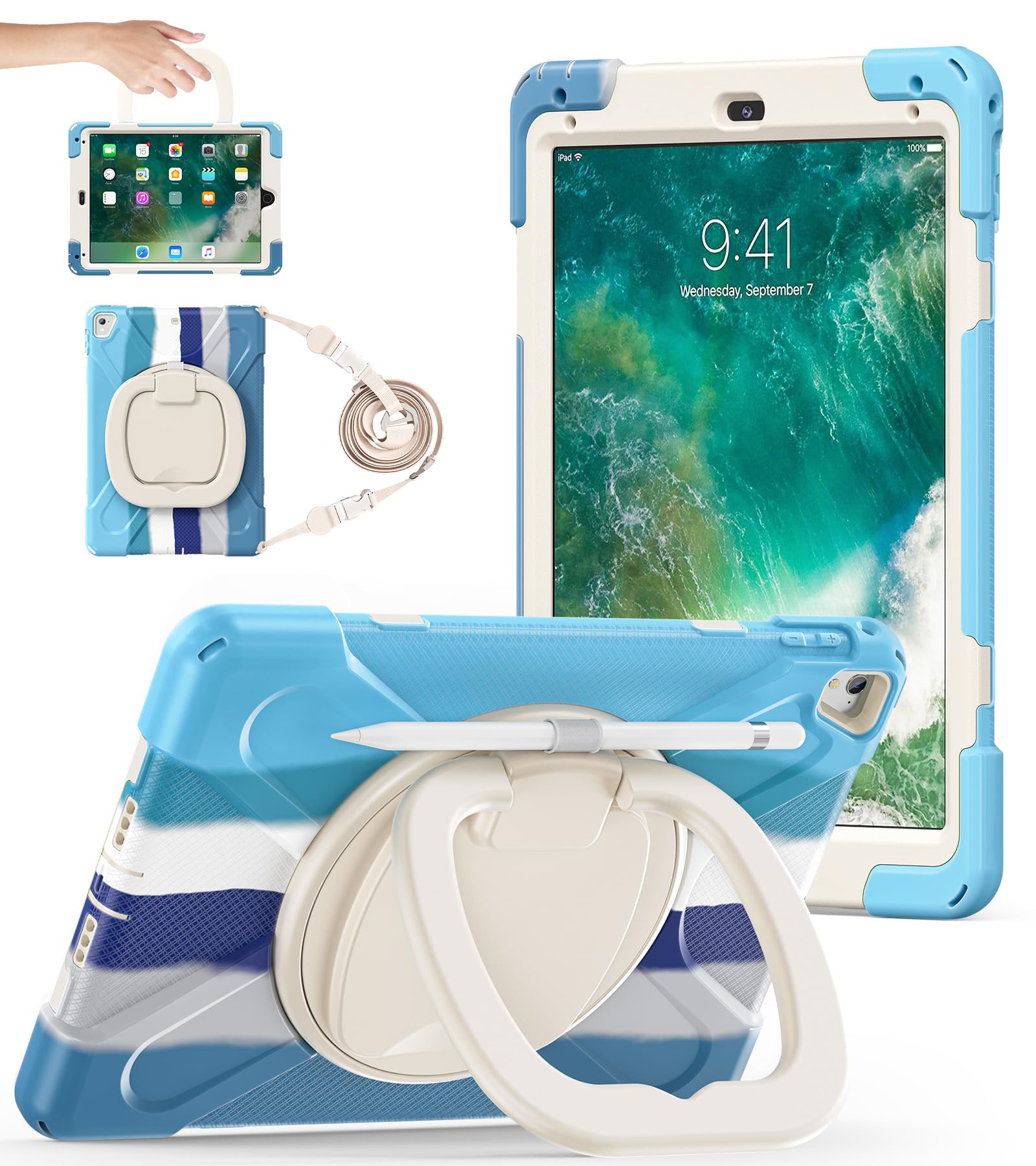 Photo 1 of ****IPAD MODEL MAY DIFFER*** BATYUE Case for iPad 6th Generation 9.7 inch 2018, iPad 5th Gen 2017, iPad Air 2/ iPad Pro 9.7'',Shockproof Protective Cover with Pencil Holder &Rotating Bracket &Shoulder Strap (Colourful Blue)