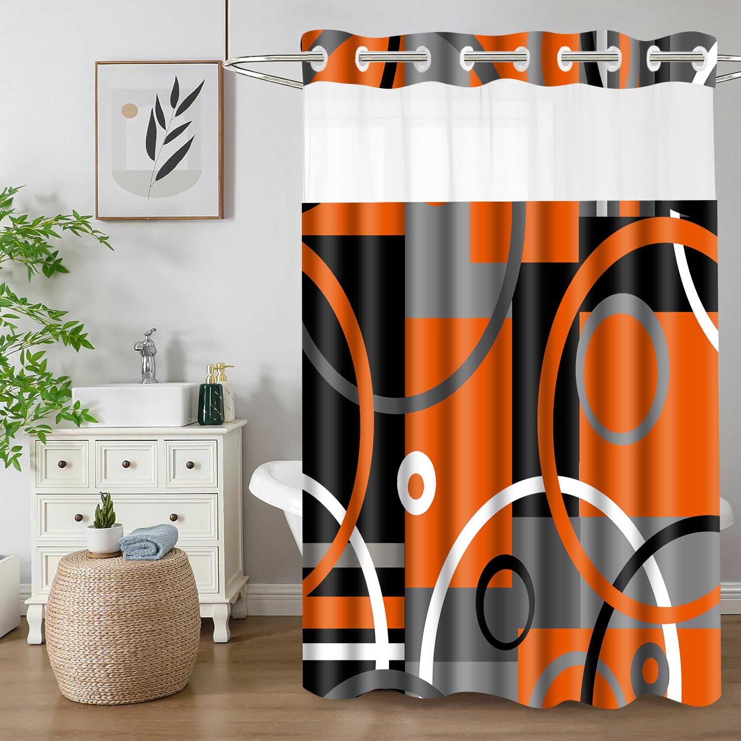 Rideau de douche géométrique pour illuminer votre salle de bain avec son style abstrait orange