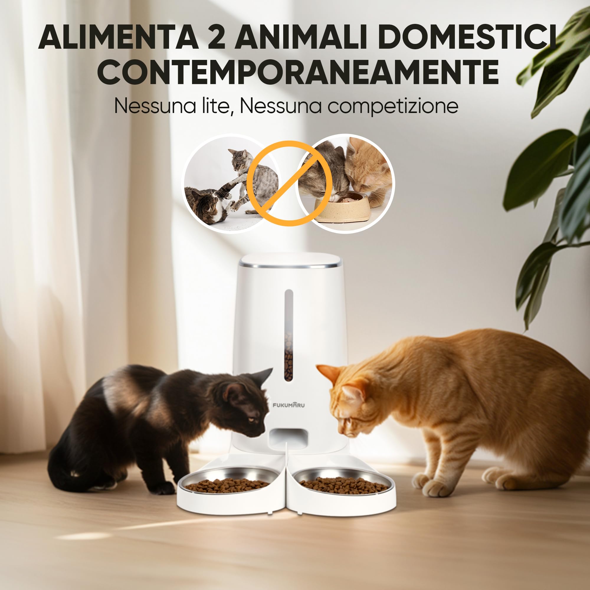 FUKUMARU Distributore Automatico Cibo Gatti, 4L Distributore Cibo Cani con 2 Ciotole in Acciaio Inox, 10 Pasti al Giorno e Controllo del Timer,Consumato per Circa 20 giorni.2.4G WiFi. USB e Batterie