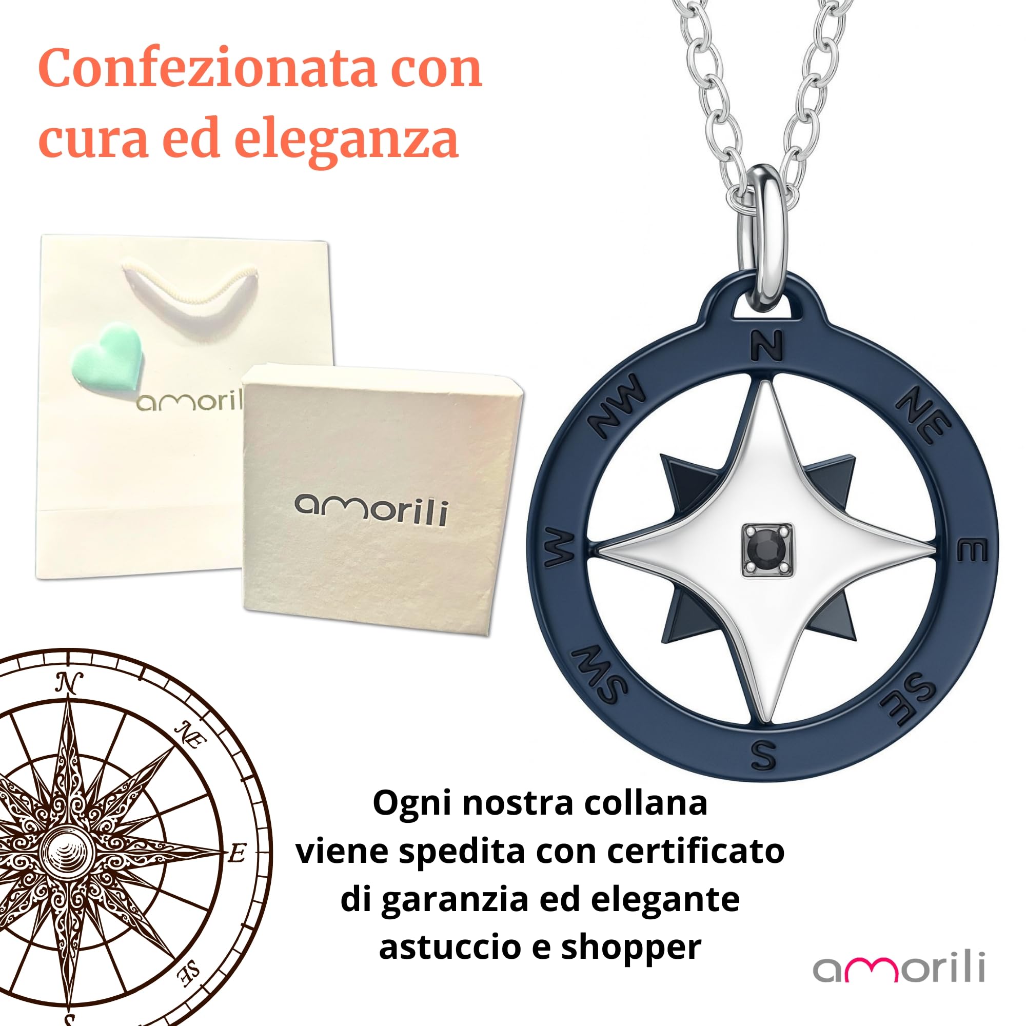 Collana Uomo Rosa dei Venti in Acciaio Inossidabile | Pendente Bussola Nautica | Catena Regolabile Fino a 50 cm | Gioiello Regalo Elegante Stile Marina Militare (y)