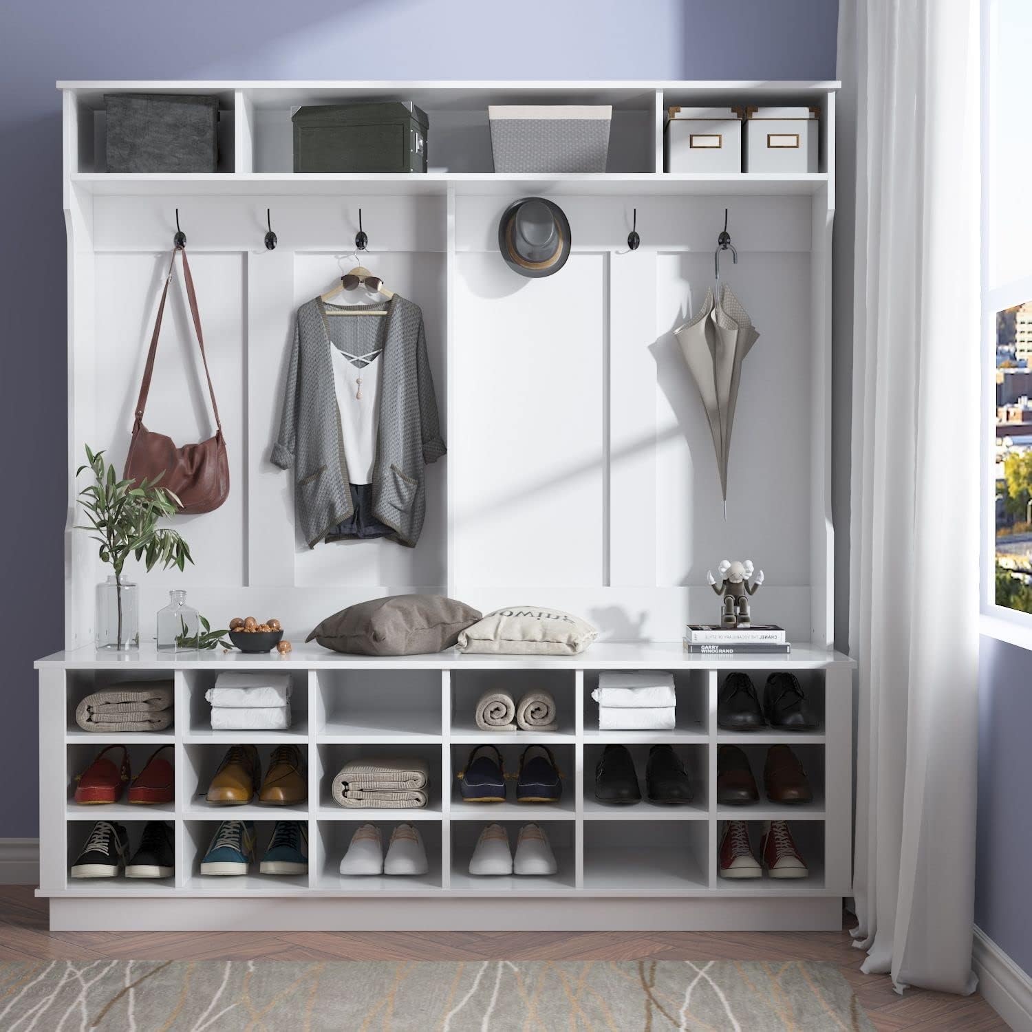 FAMAPY 3-in-1 Hall Tree with Cube Storage & Shelves, Large Entryway Coat Rack with Storage, Hanging Hooks, Entryway Organizer, for Entrance White (63”W x 15.7”D x 66.9”H)
