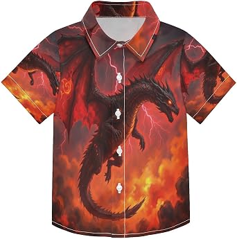 Boys Button Down Shirts Fiery Dragon Storm Sky Short Sleeve Kids Casual Hawaiian Shirt 3-10T