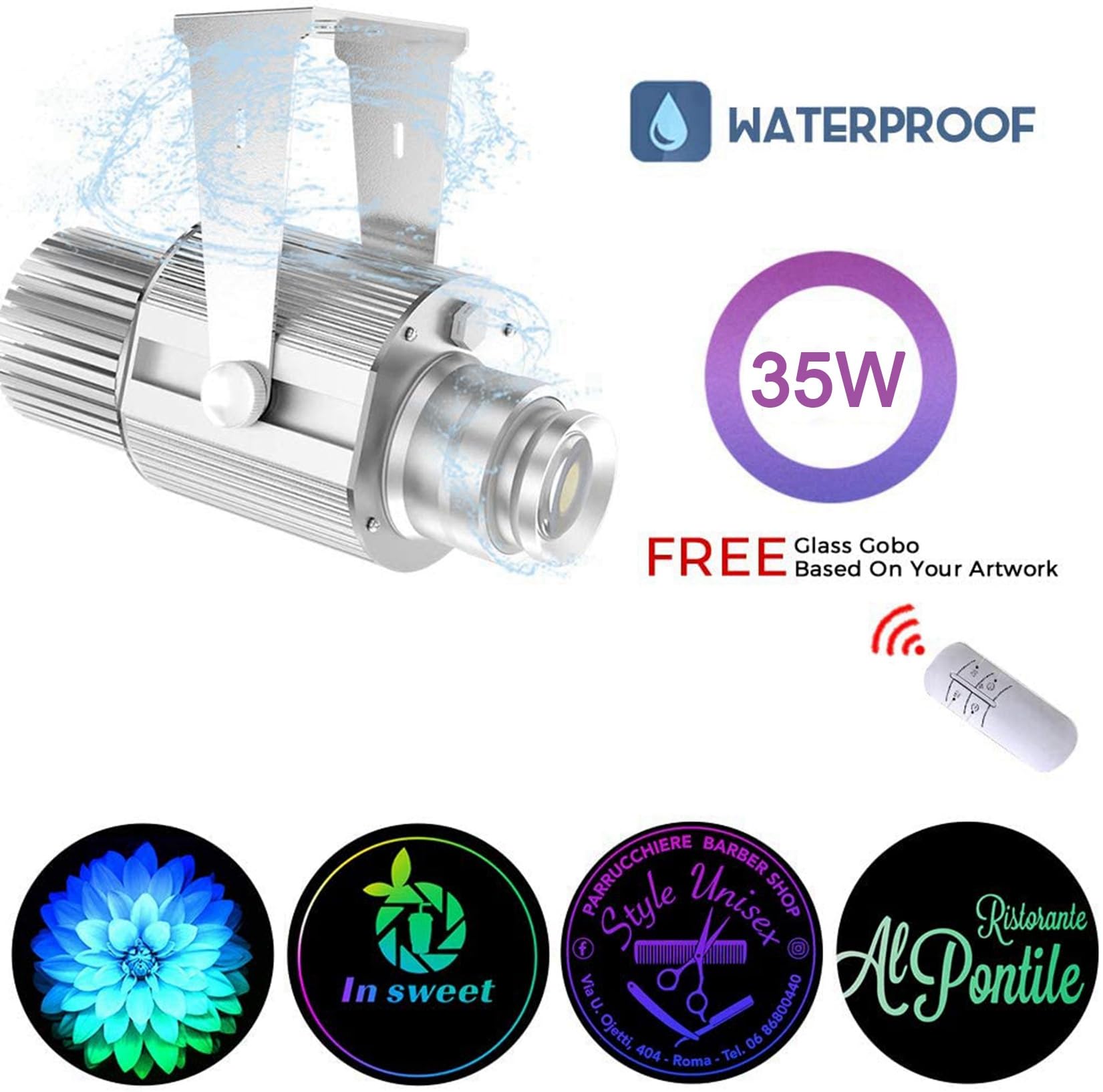 Projecteur LED GOBO 35 W - Étanche IP67 - Pour extérieur, magasin, bar, karaoké, restaurant, publicité (argenté)