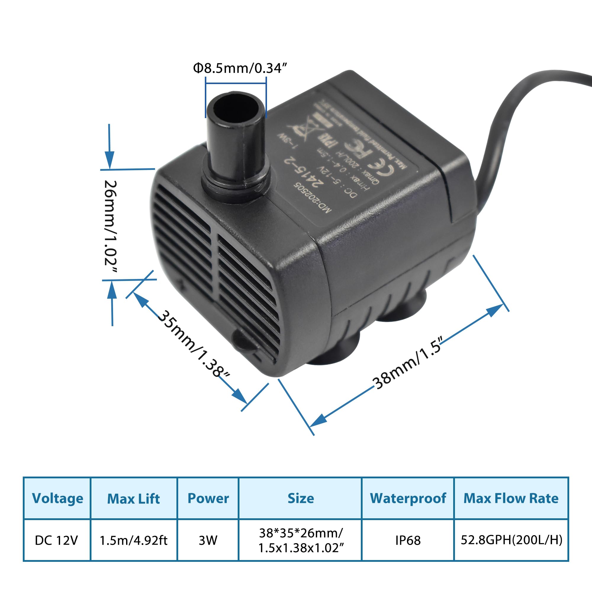 CONQUERALL Zatapialna pompa do akwarium DC 12 V 3 W, 200 l/h, 1,5 m, podnośnik z zasilaczem (UE) do samodzielnego chłodzenia wodą