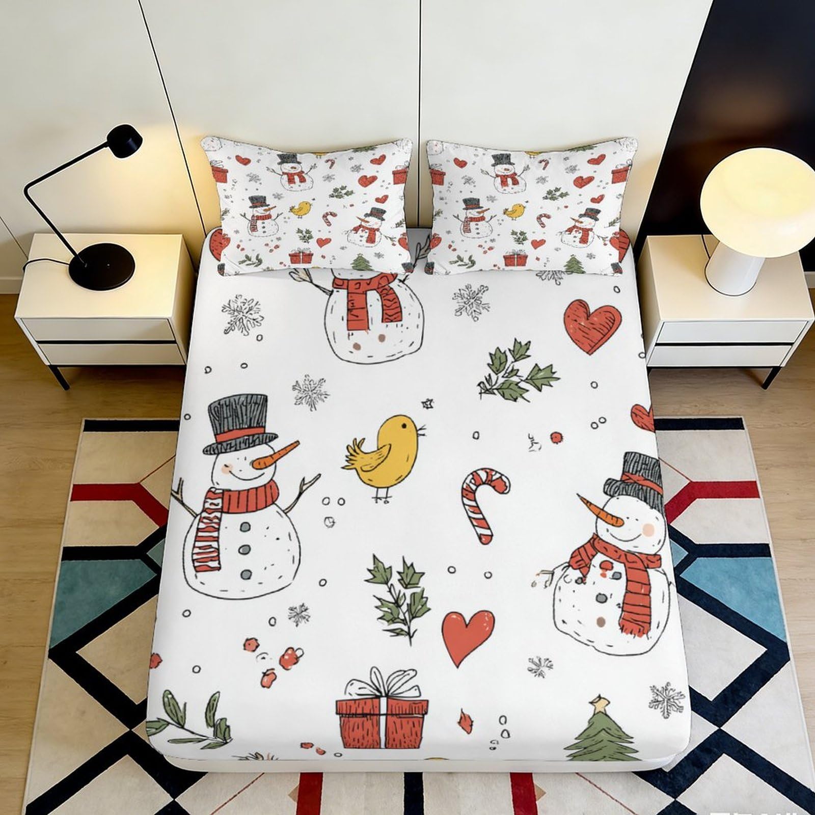 3D Printed Snowman Christmas Fitted Sheet Microfiber Soft Candy Cane Bed Cover Gift for Bedroom Dorm Decor 90x200x25cm