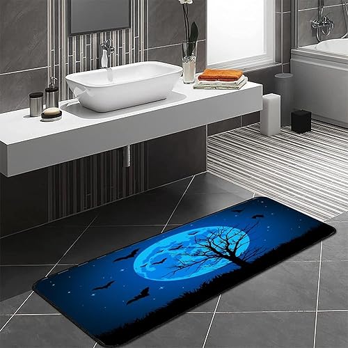 Miniatura 5 de Alfombra de cocina antideslizante azul de murciélagos voladores, alfombra de cocina para Halloween, árbol aterrador, alfombra para decoración del