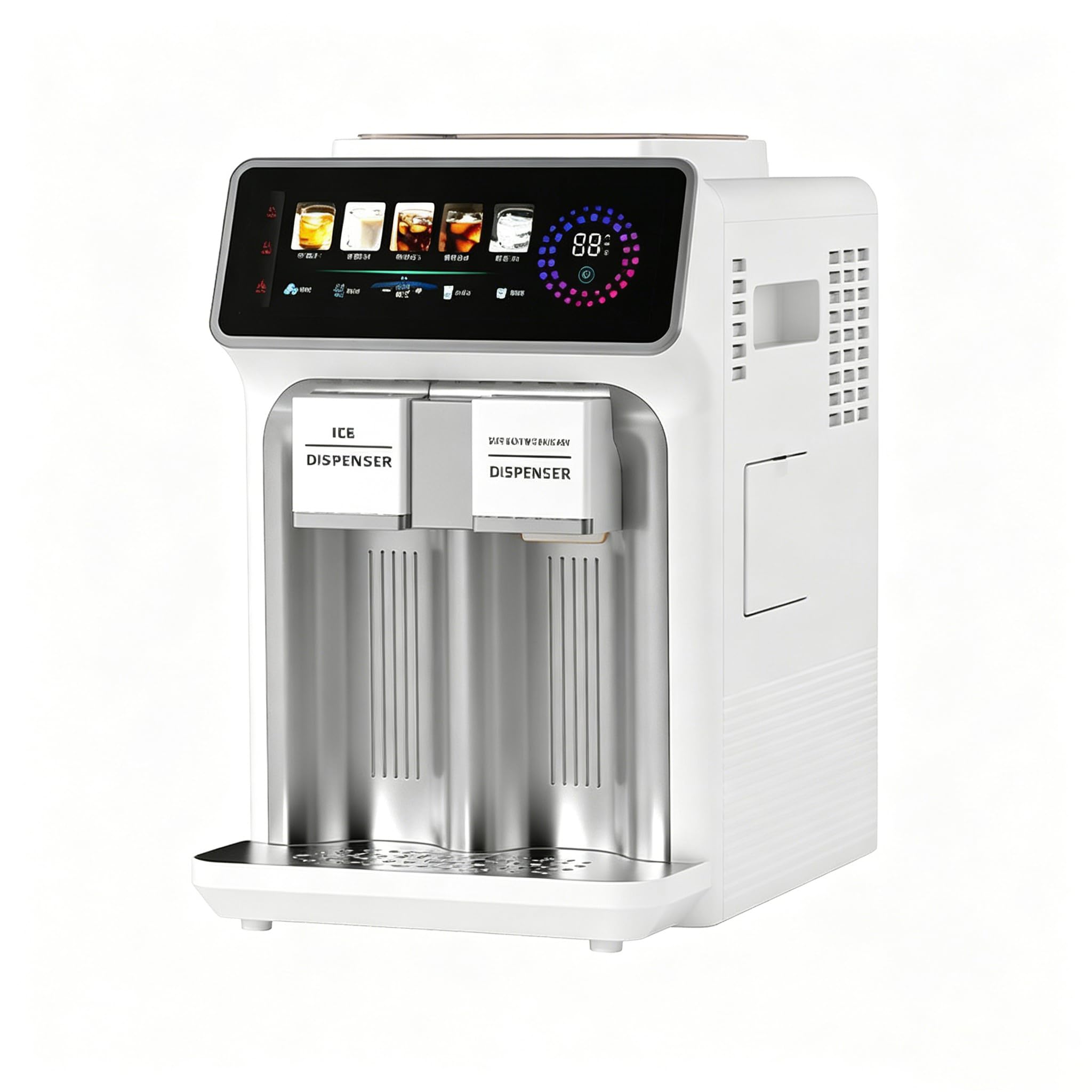 Máquina de hielo multifuncional con dispensador de hielo picado y agua fría, acero inoxidable, depósito de 1,5 l, producción diaria de 15 kg, color blanco.