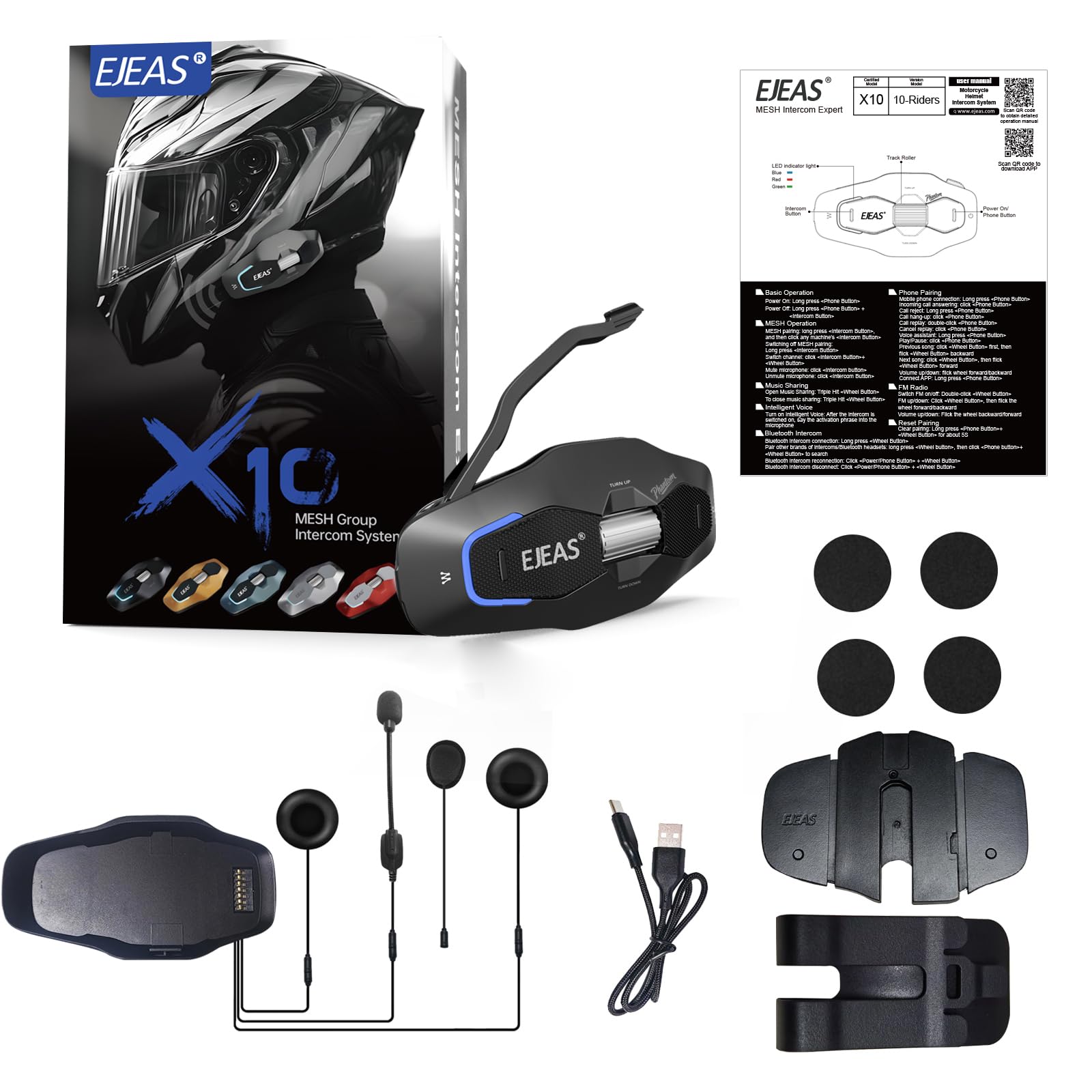 X10 Casco Moto Auricolare Bluetooth, 10 Riders Mesh 4.0 Motociclo Interfono, Sistemi di Comunicazione con Music Share, Doppia Riduzione del Rumore, Assistente Vocale, IP67, Nero