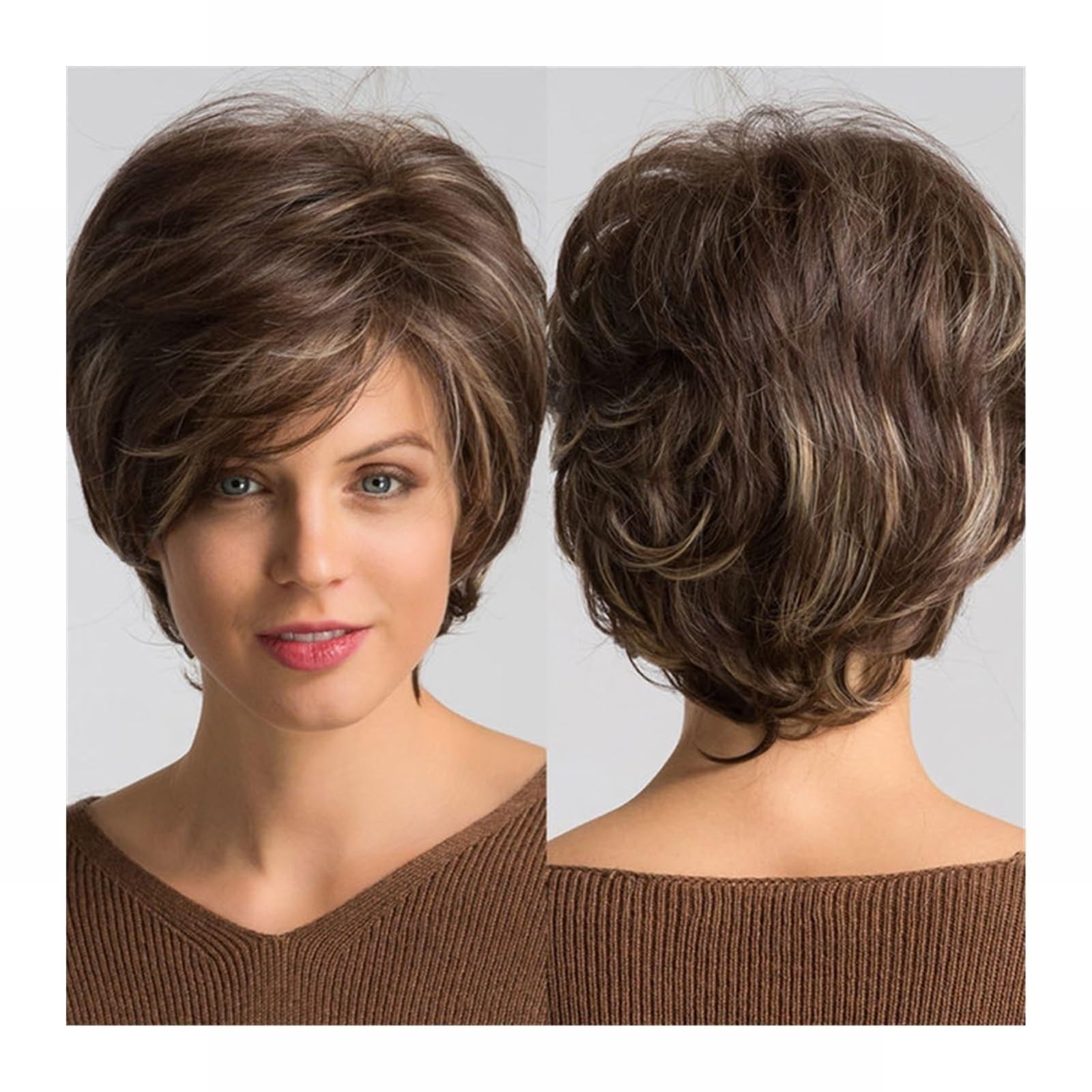 Perruque synthétique courte Bob Pixie avec frange et reflets blonds pour femmes - 6