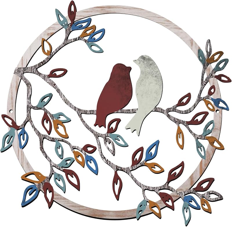 Ferraycle Arte de pared de metal con silueta de pájaro en rama de árbol, adorno colgante de pájaro, decoración de pared para porche, sala de estar, jardín, dormitorio, oficina, inauguración de la casa, decoración de fiesta (color vintage)