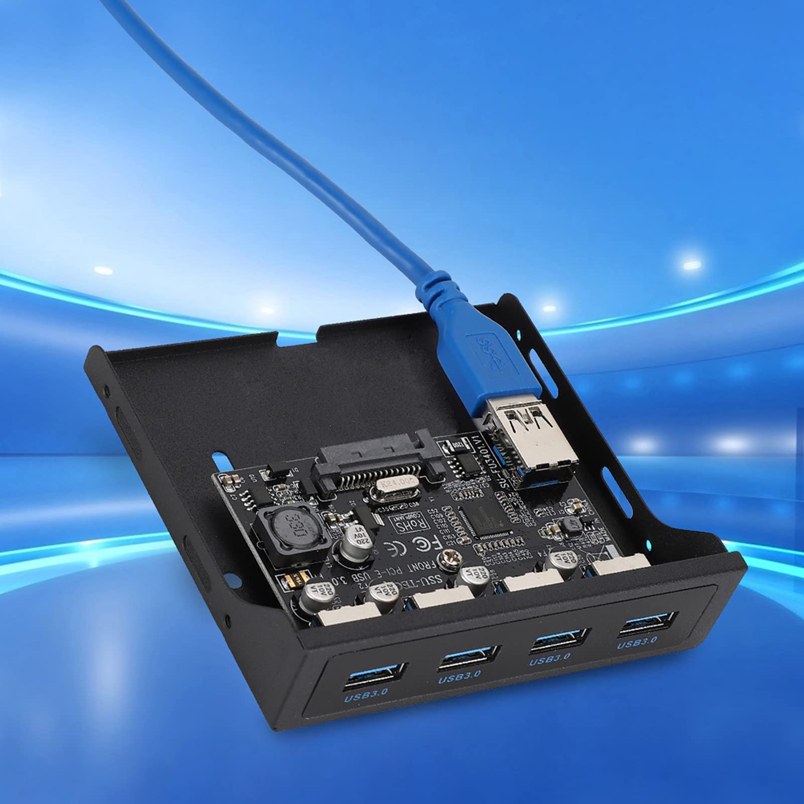 Panel Frontal USB PCI-E a 4xUSB3.0 para Chip Tarjeta de extensión Frontal Adaptador de bahía Flexible Tarjeta Vertical de expansión con Interfaz de alimentación SATA Negro