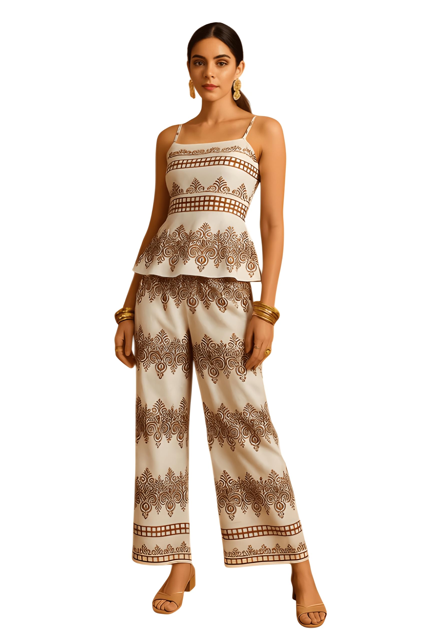 Women's Brown and White Printed 3-Piece Co-ord Set-picture-40