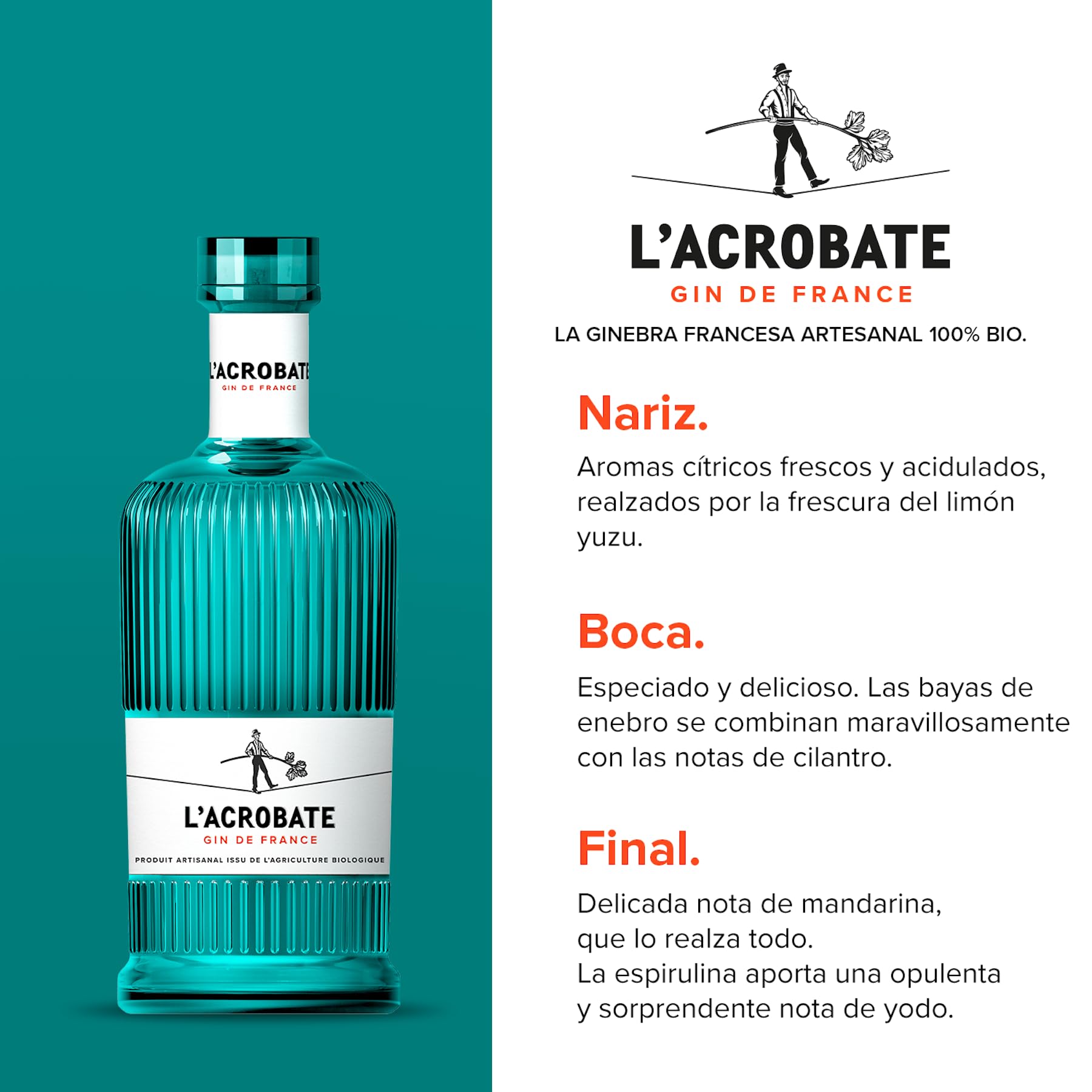 L'ACROBATE - Gin Bio - Gin Artesanal Francés - Origen Francia - Medalla de Oro 2021 Concours Mondial de Bruxelles - 44% De Alcohol - Botella 700 ml